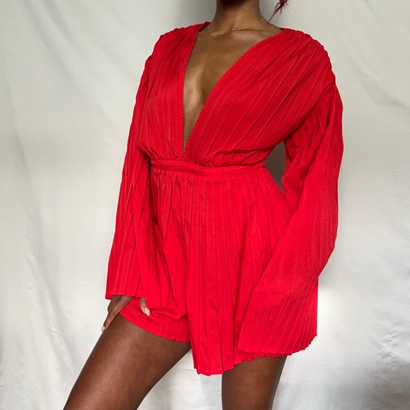 Bold Red Pleated Romper - Deep V-Neck - Picture 7 of 8